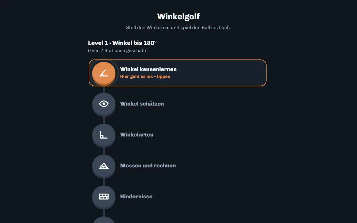 Bildschirmansicht der Übung Winkelgolf